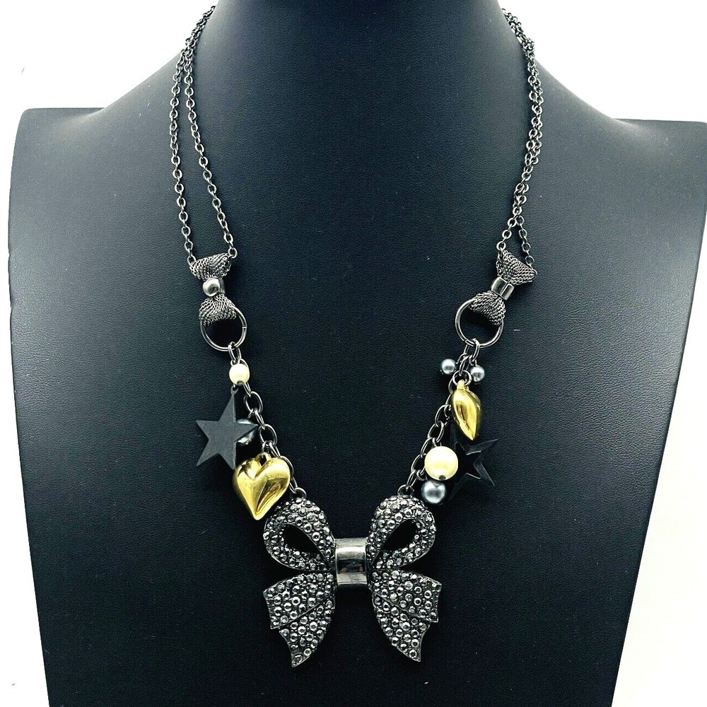 Signed Express Bow Statement Necklace Black Rhinestone Star Charm Necklace